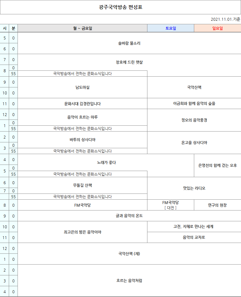국악방송 FM라디오 광주편성표