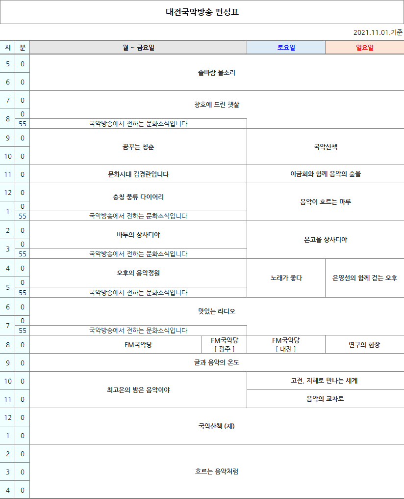 국악방송 FM라디오 대전편성표