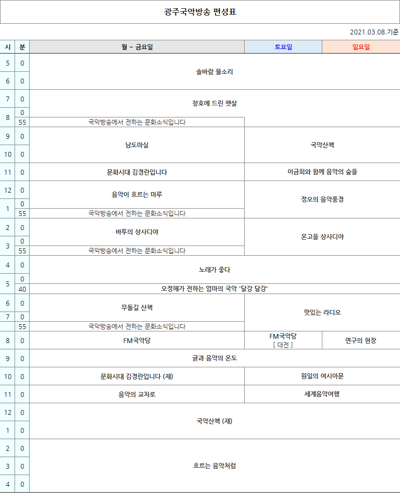 국악방송 FM라디오 광주편성표
