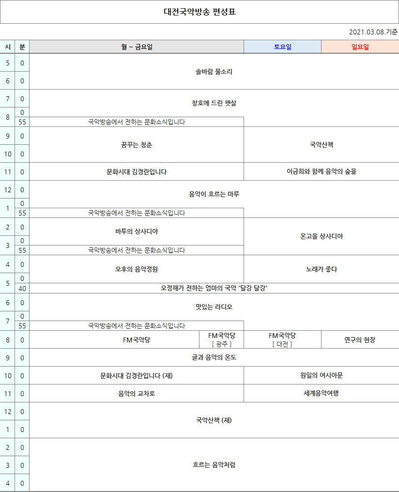 국악방송 FM라디오 대전편성표