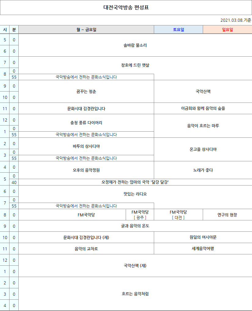 국악방송 FM라디오 대전편성표