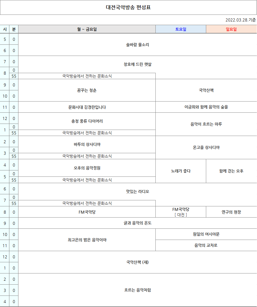 국악방송 FM라디오 대전편성표