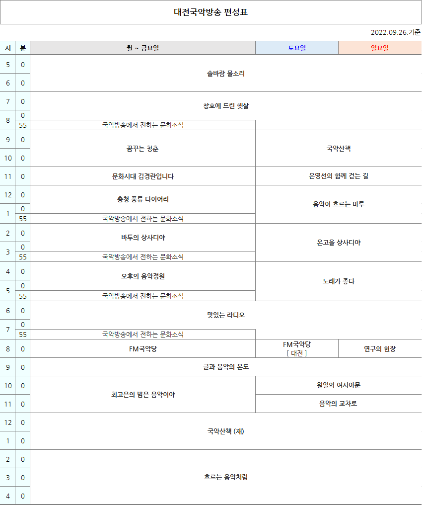 국악방송 FM라디오 대전편성표