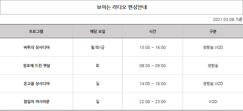 국악방송 보이는 라디오 대전편성표