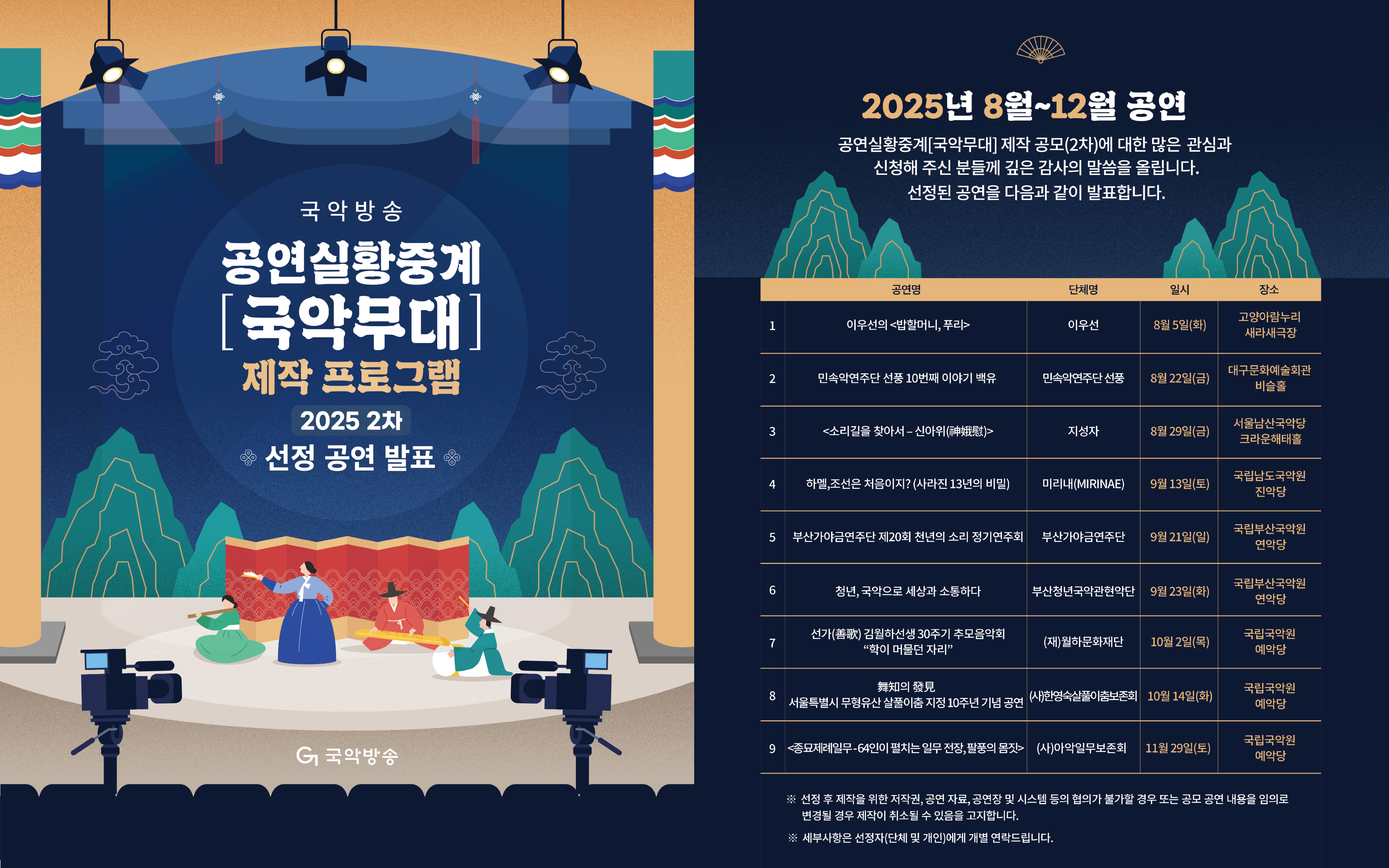 [보도자료 사진] 공연실황중계 ‘국악무대’ 2차 제작 지원 공모 선정 결과 발표 홍보물.jpg